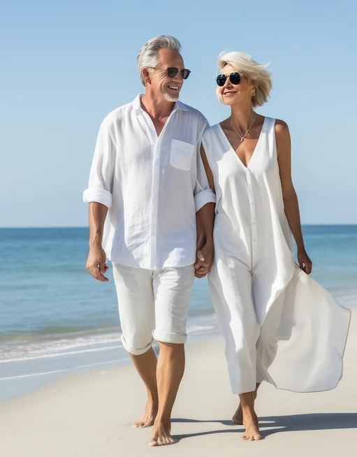 An older couple holding hands and walking down a beach.